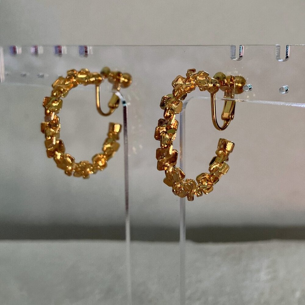 Vintage 60s 70s Gold Tone Brutalist Textured Screw Back Clip Hoop Earrings MCM